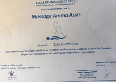 certificat de formation en massage amma assis obtenu par une praticienne en massage bien-être