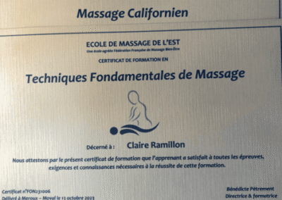 certificat de technique fondamentale de massage obtenu par une praticienne en massage bien-être